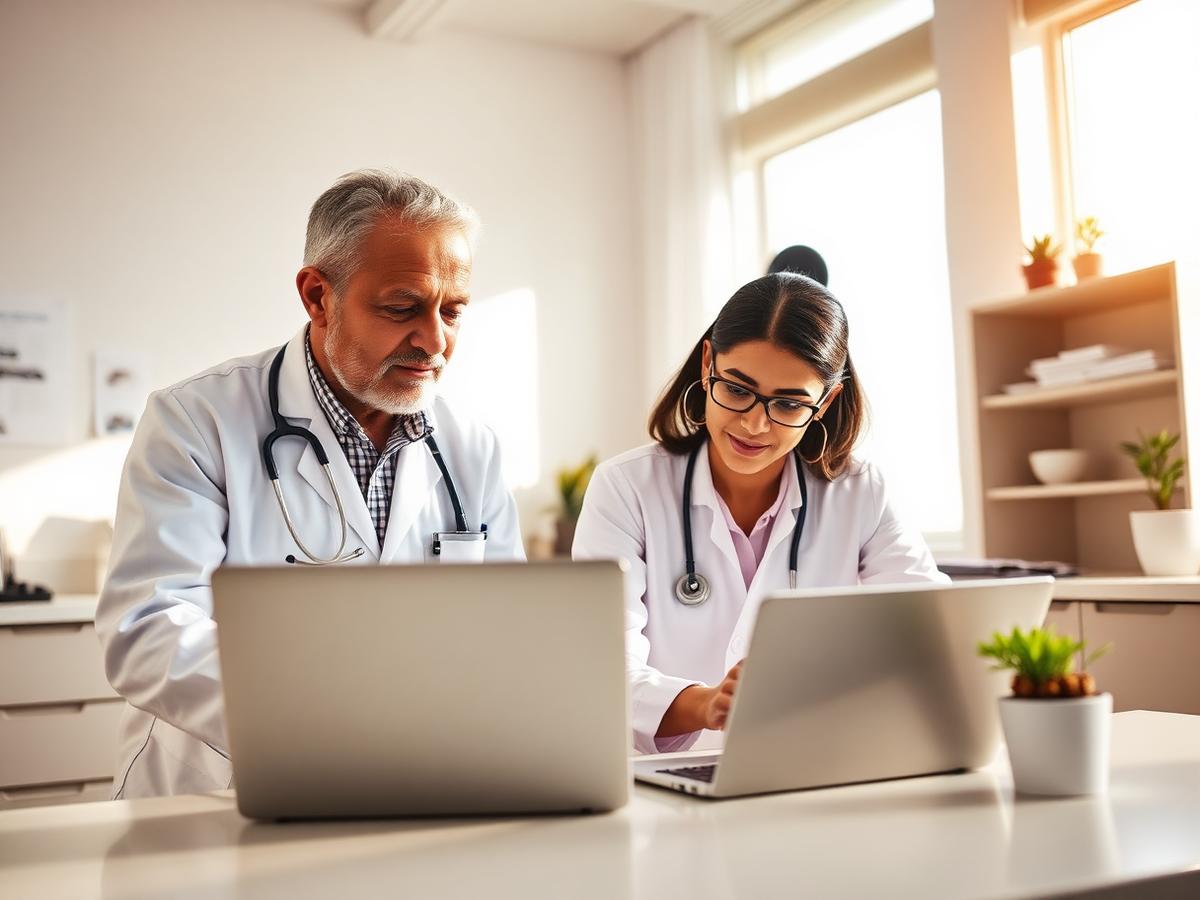 A senior veterinarian mentoring a colleague in a clinic office